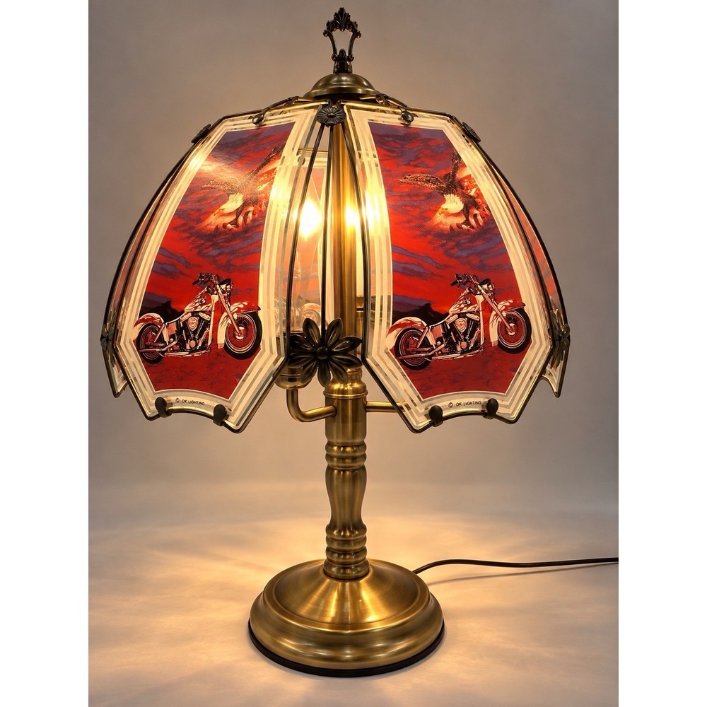 Vintage OK Lighting Motorcycle Eagle Touch Table Lamp Glass Biker Man Cave 25"